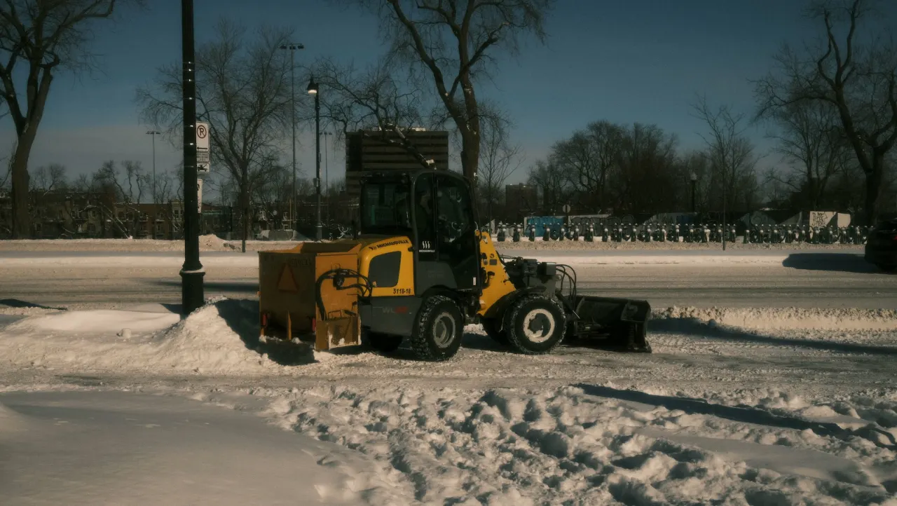 Loader with a snow pusher clearing a large parking area