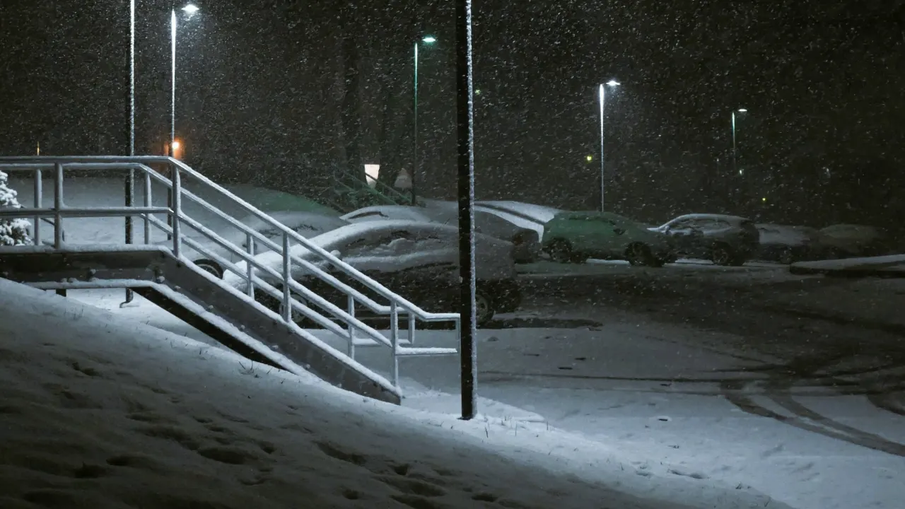 Snow falling on a lit parking lot at night